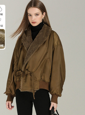 DONEED春潮流个性侧开襟盘扣加绒加厚保暖翻领派克服外套女