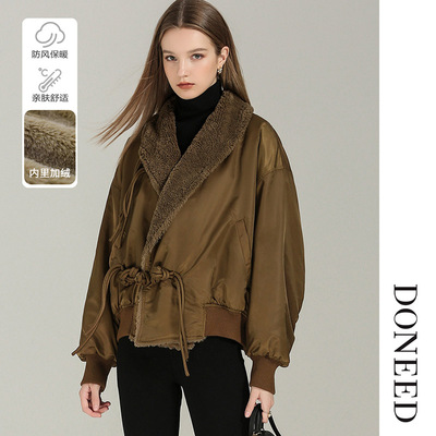 盘扣加绒保暖翻领派克服外套女