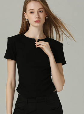 DONEED夏款时尚气质圆领拉链设计感修身显瘦短袖T恤上衣女