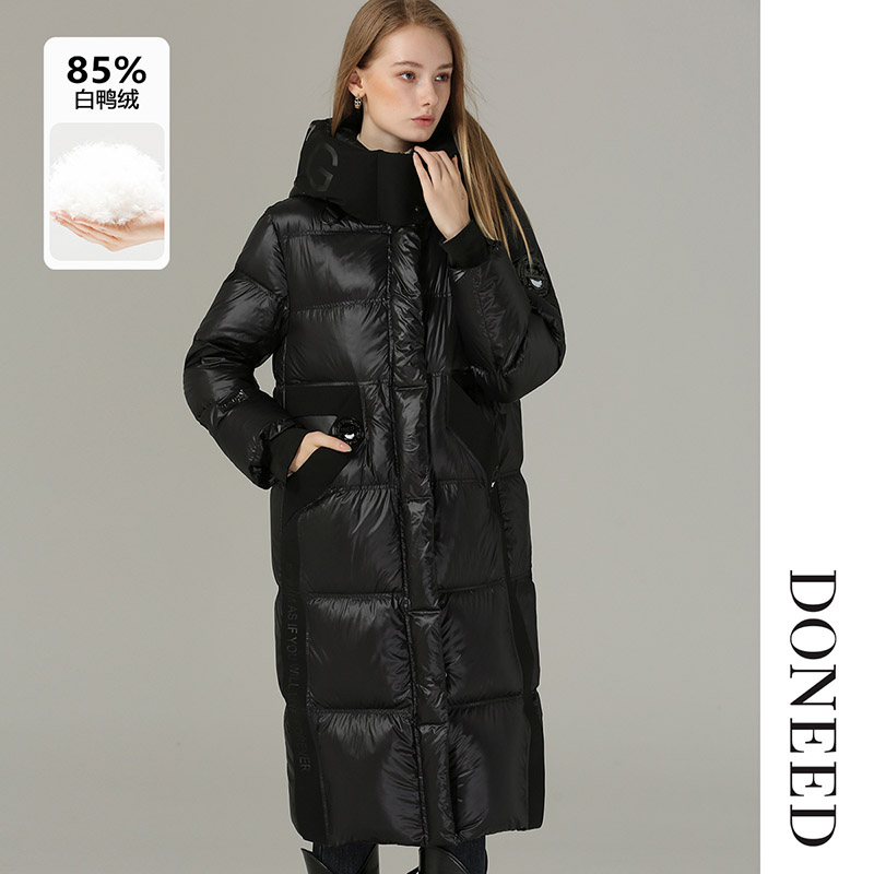 酷感摩登亮面拼接加厚连帽羽绒服