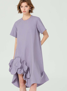 DONEED夏款小众设计感圆领插肩袖不规则下摆立体装饰连衣裙女