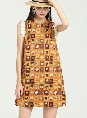 DONEED2026夏小众圆领拼接撞色花边复古印花无袖设计感连衣裙女