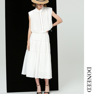 DONEED夏休闲翻领气质宽肩无袖 橡筋下摆A字半裙拼接蕾丝套装