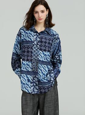 DONEED春季新款复古印花宽松舒适慵懒松弛翻领衬衫