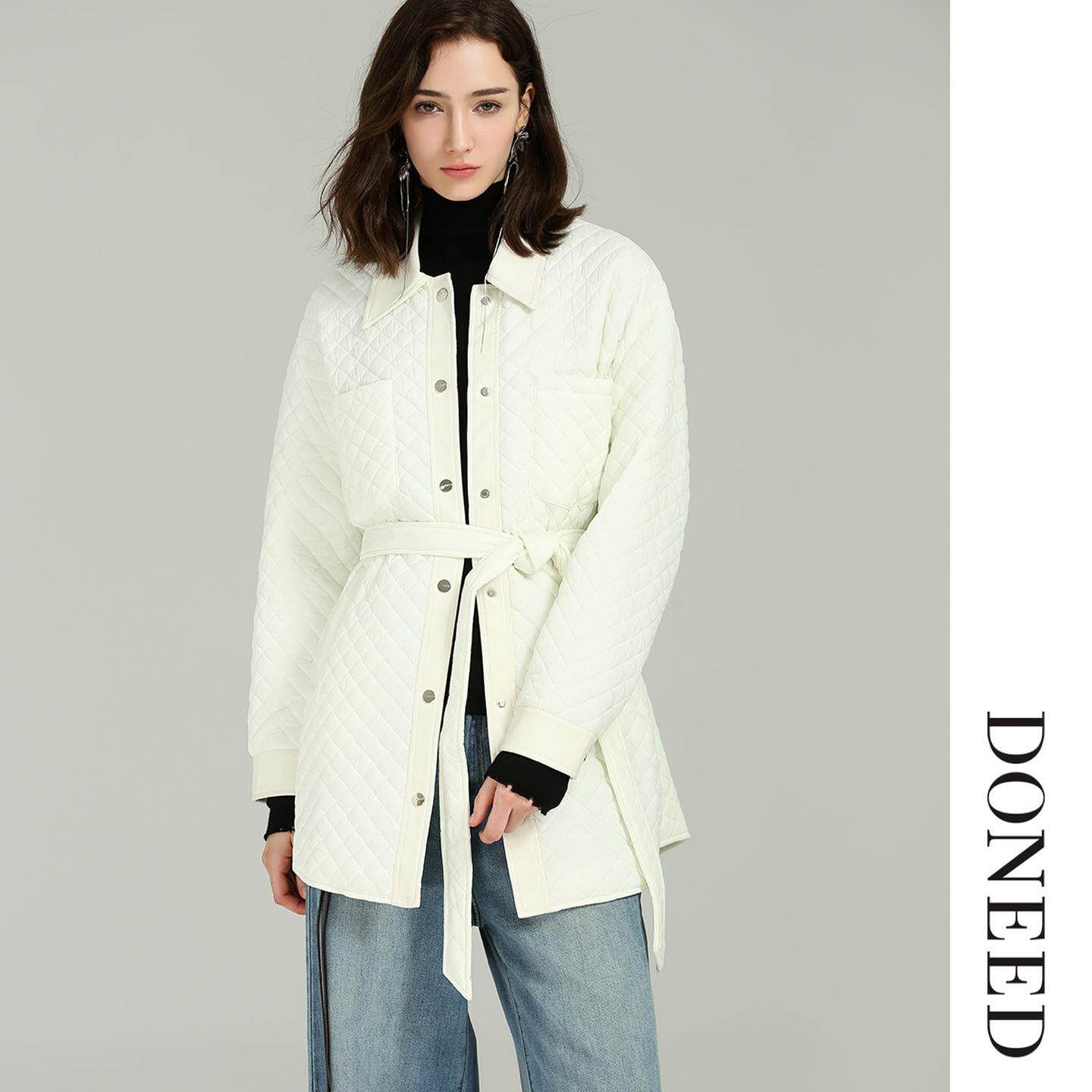 DONEED2026初春小香风衬衫式棉服菱形格纹简约外套搭配本布腰带