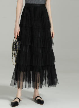 DONEED春夏款高端黑色网纱松紧腰蛋糕裙气质中长款纱裙半身裙女