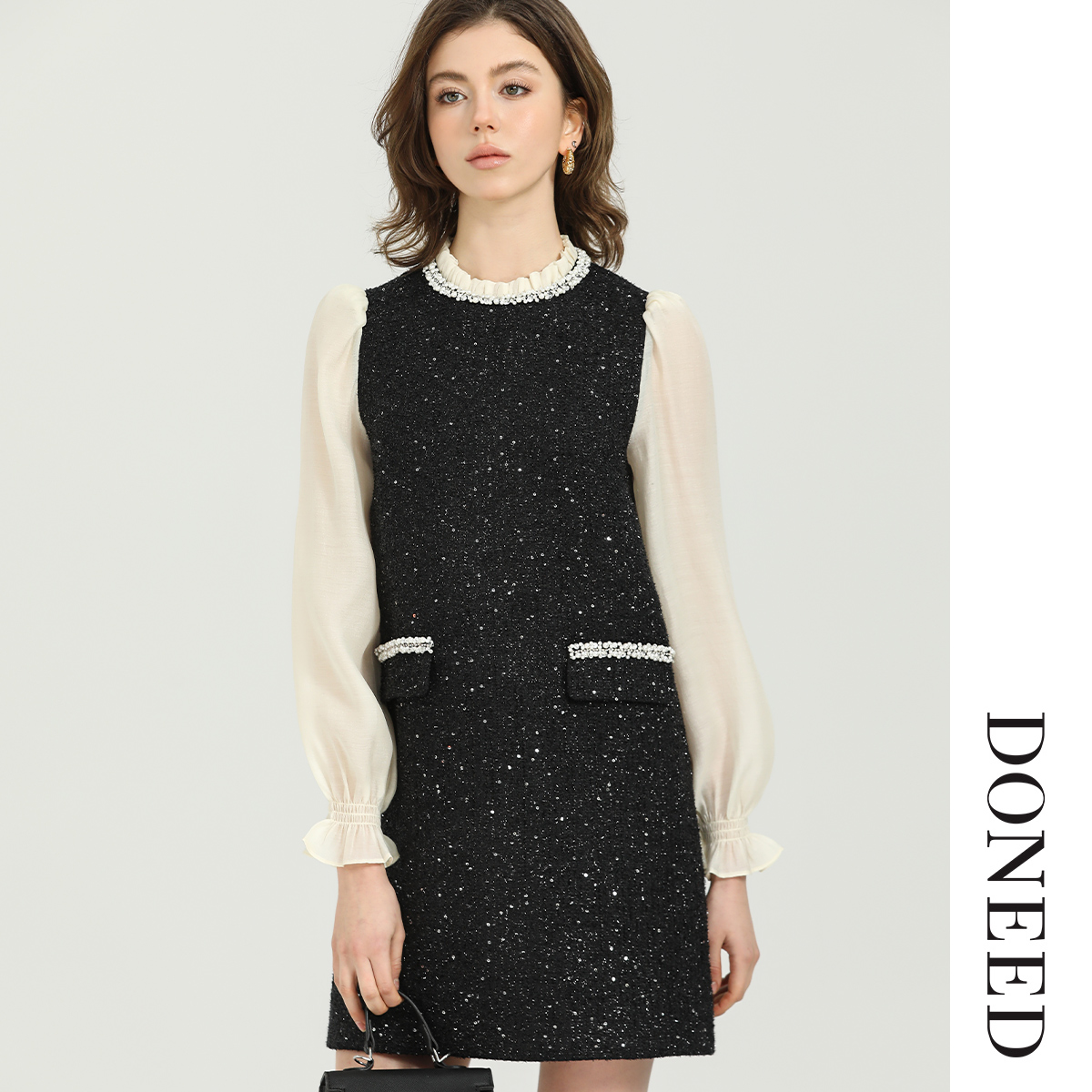 荷叶边花边钉珠小香连衣裙女