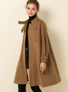 DONEED春款简约通勤宽松A摆廓形设计感中长呢料保暖大衣外套女