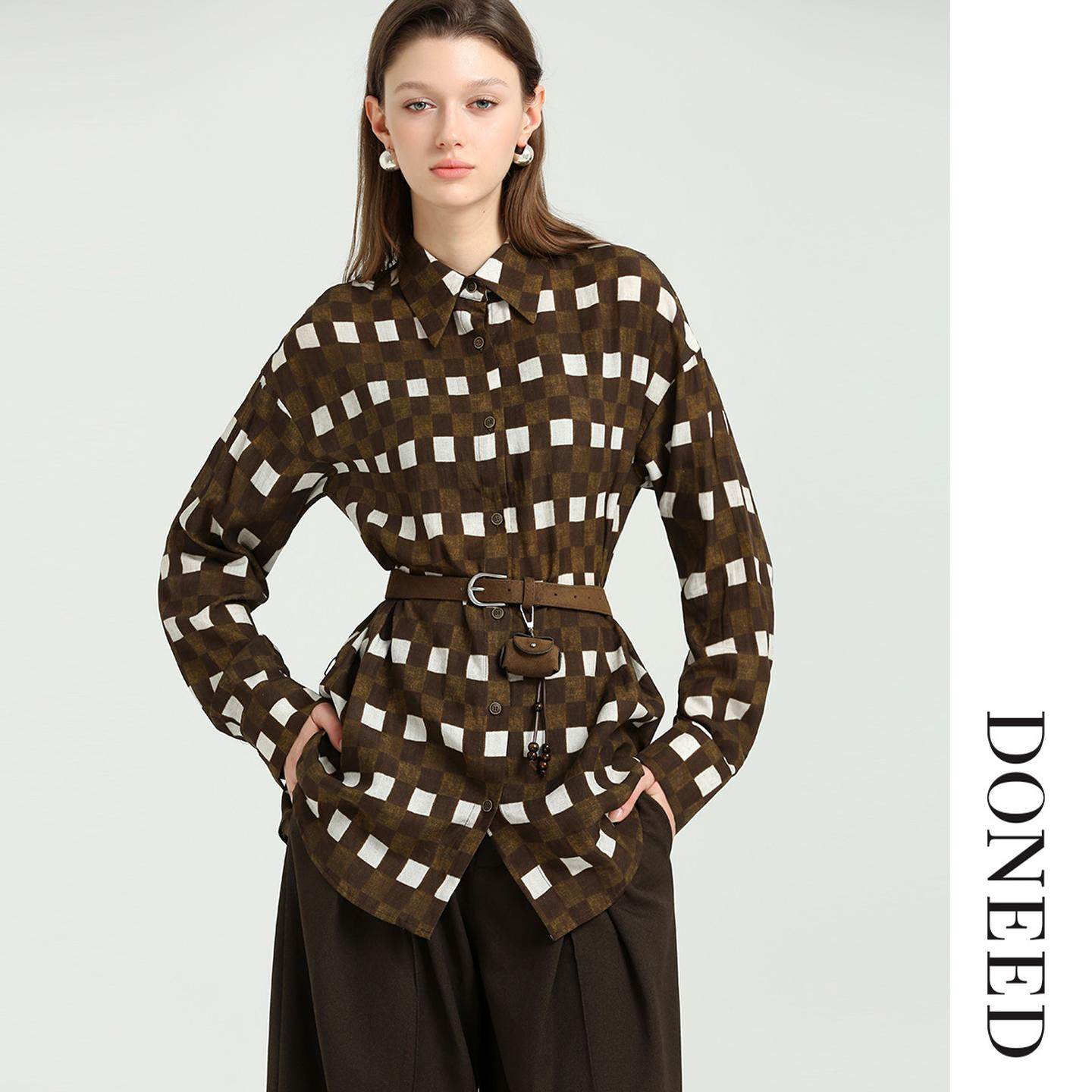 DONEED春款时尚复古印花设计感配置腰带衬衣女