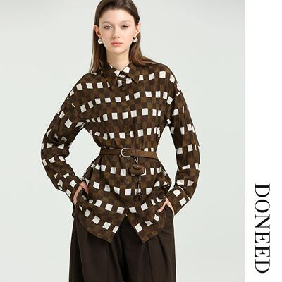 复古印花设计感配置腰带衬衫女