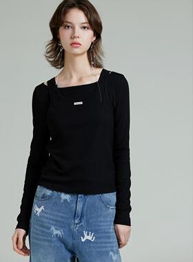 DONEED2026春夏新款假两件T恤日常简约通勤设计感正肩修身上衣女