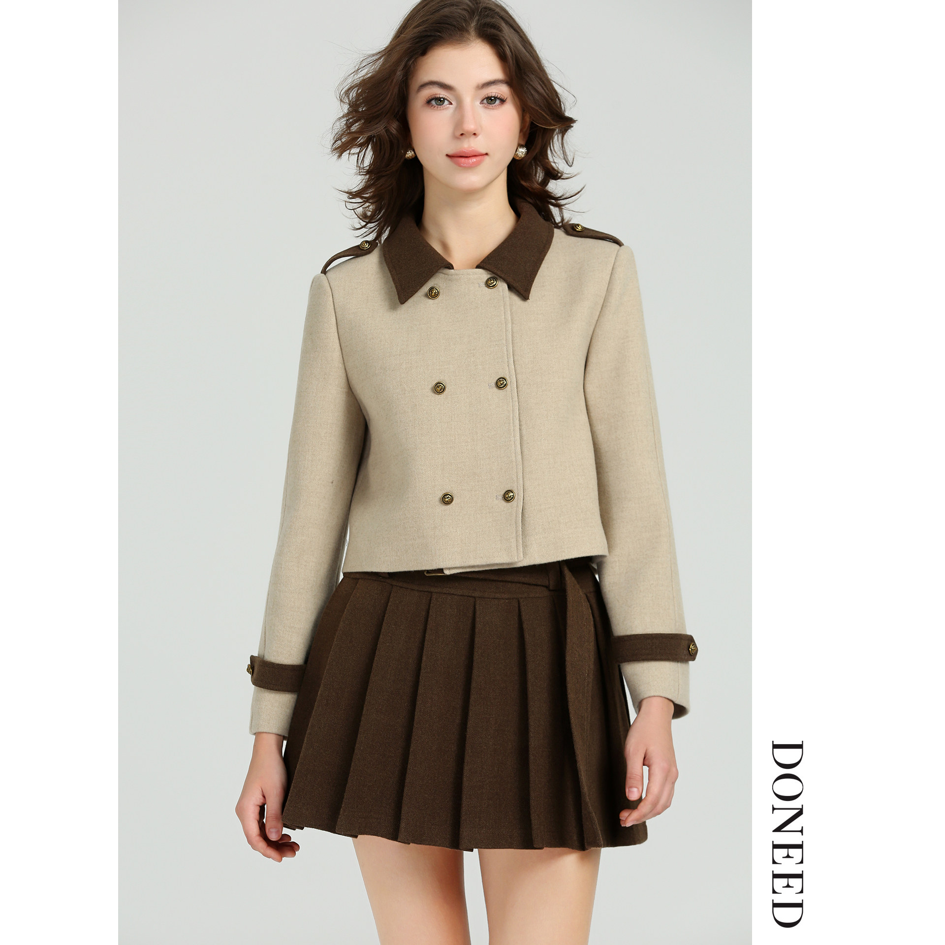 DONEED2025秋冬款英伦学院风减龄套装短外套百褶半身裙两件套女
