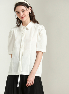 DONEED【纯棉】夏文艺风气质百搭泡泡袖设计感穿绳门襟翻领衬衫女