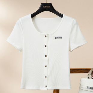 DONEED夏款港风女人味上衣修身显瘦性感紧身衣短袖T恤衫开衫