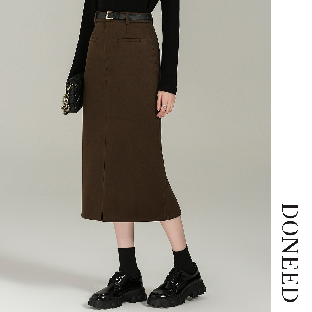 直筒裙开叉磨毛呢绒半裙女