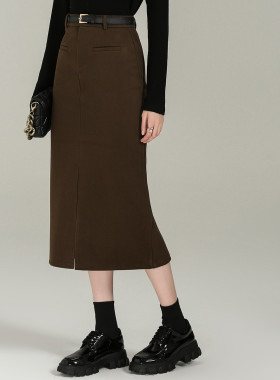 DONEED春款知性优雅通勤配腰带直筒裙开叉磨毛呢绒半裙女