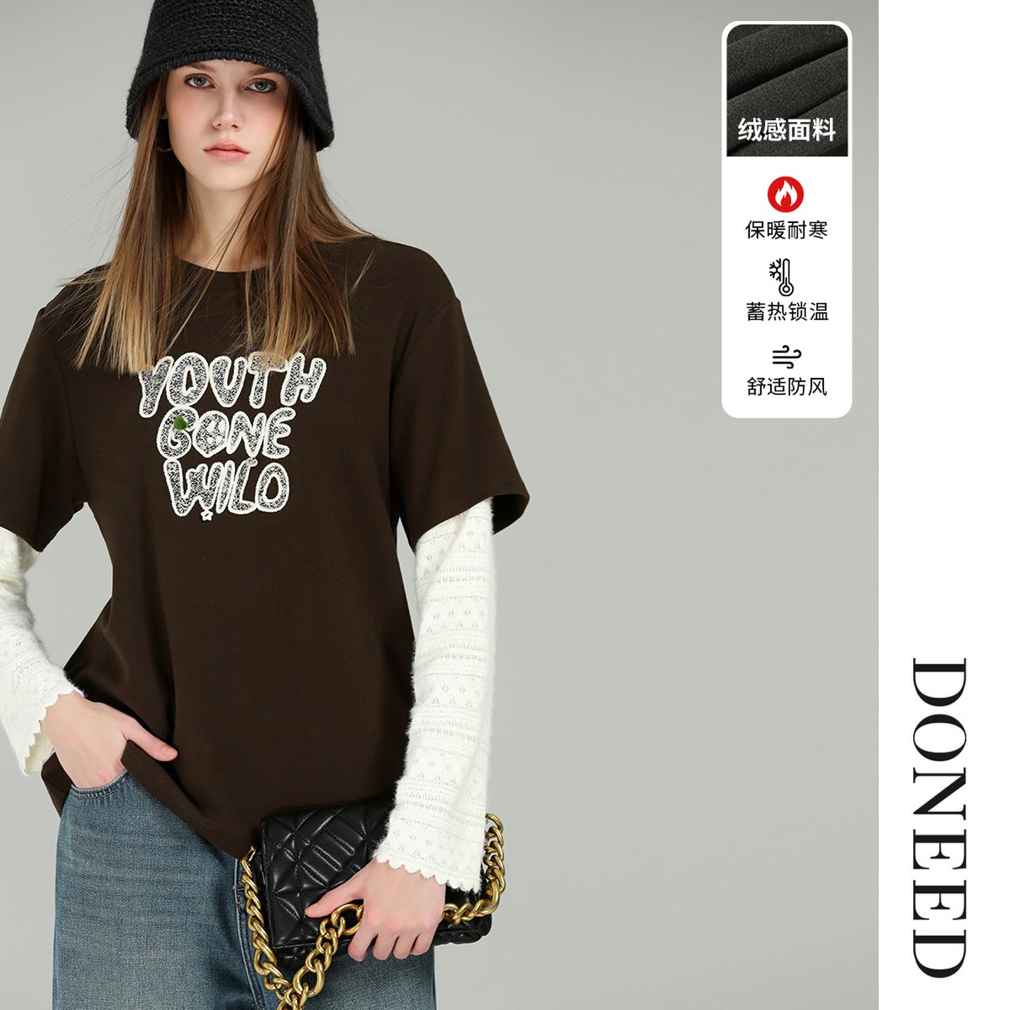 时尚休闲绒感蕾丝拼接T恤上衣