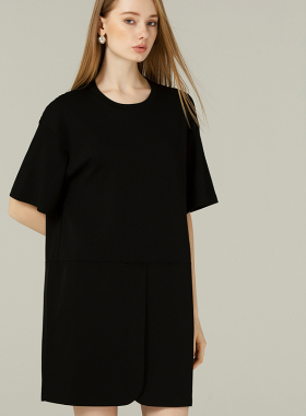 DONEED夏新款原宿风毛边拼接宽松显瘦落肩袖针织圆领连衣裙女