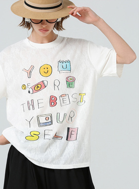 DONEED夏款休闲时尚圆领微透蕾丝落肩宽松廓形字母印花短袖女