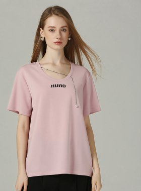 DONEED夏季时尚休闲百搭设计感可拆卸链条装饰圆领印花针织t恤