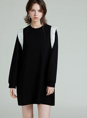 DONEED2026春夏新款圆领木耳边边拼接宽松极简高级感卫衣连衣裙