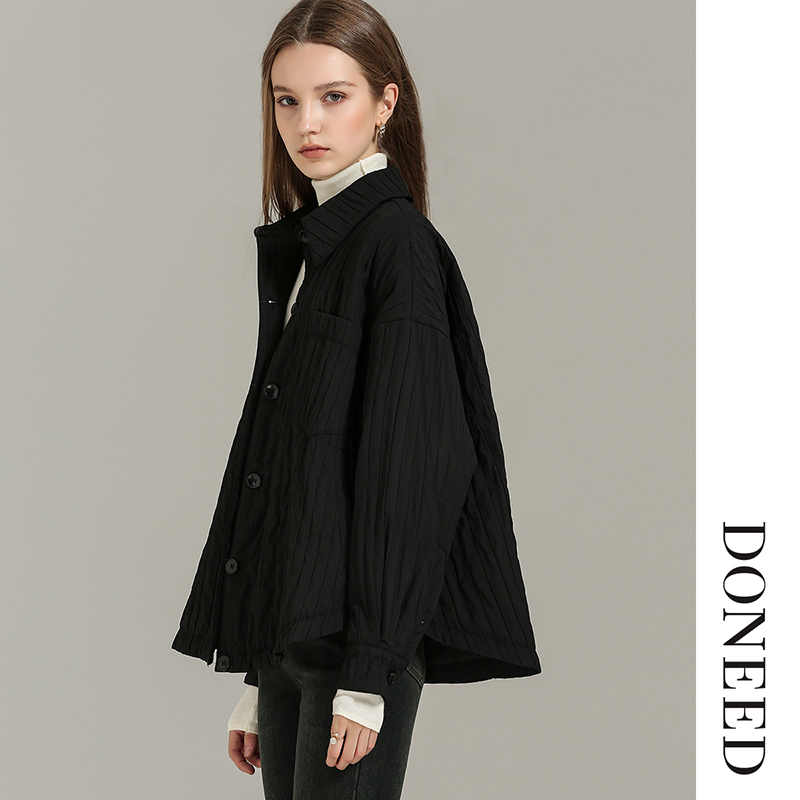 极简风衬衣式落肩袖绣条纹外套