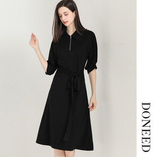 DONEED夏款极简慵懒风绑带系腰拉链翻领中长款短袖针织连衣裙女