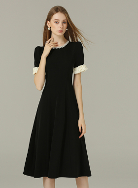 DONEED夏款优雅赫本风撞色钉珠褶皱拼接收腰显瘦中长款连衣裙女