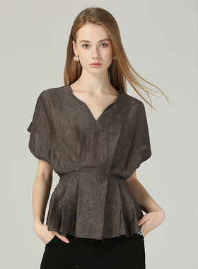 DONEED2026夏款优雅高级感天丝提花打褶收腰显瘦连肩袖上衣小衫