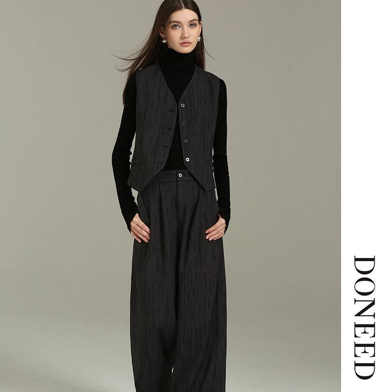 DONEED秋时尚复古通勤印花V领修身马甲宽松阔腿长裤两件套套装女,女装/女士精品,时尚套装,淘宝优惠券,粉丝福利购,淘宝优惠卷