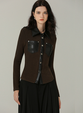 DONEED春装甜酷风时尚休闲PU拼接修身翻领针织衬衣上衣女