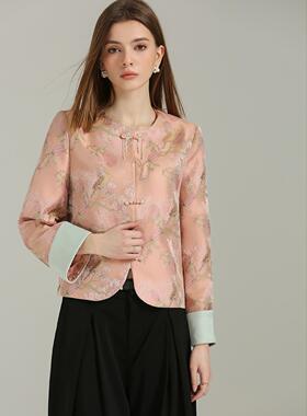 DONEED春款新中式国风花鸟提花圆领撞色翻折袖盘扣装饰短款上衣女