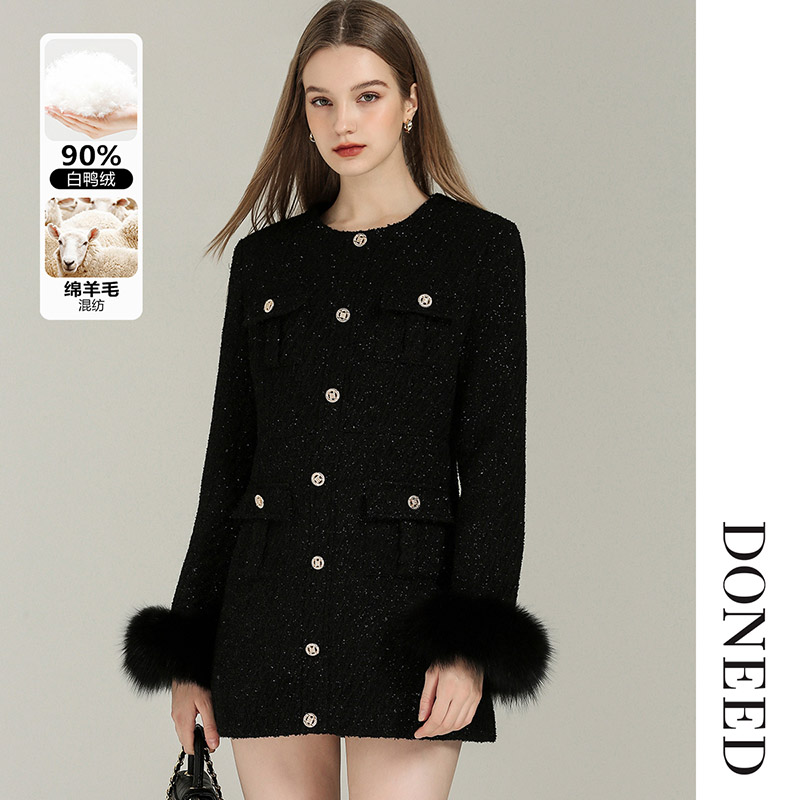 名媛贵气粗花呢小香风羽绒服外套