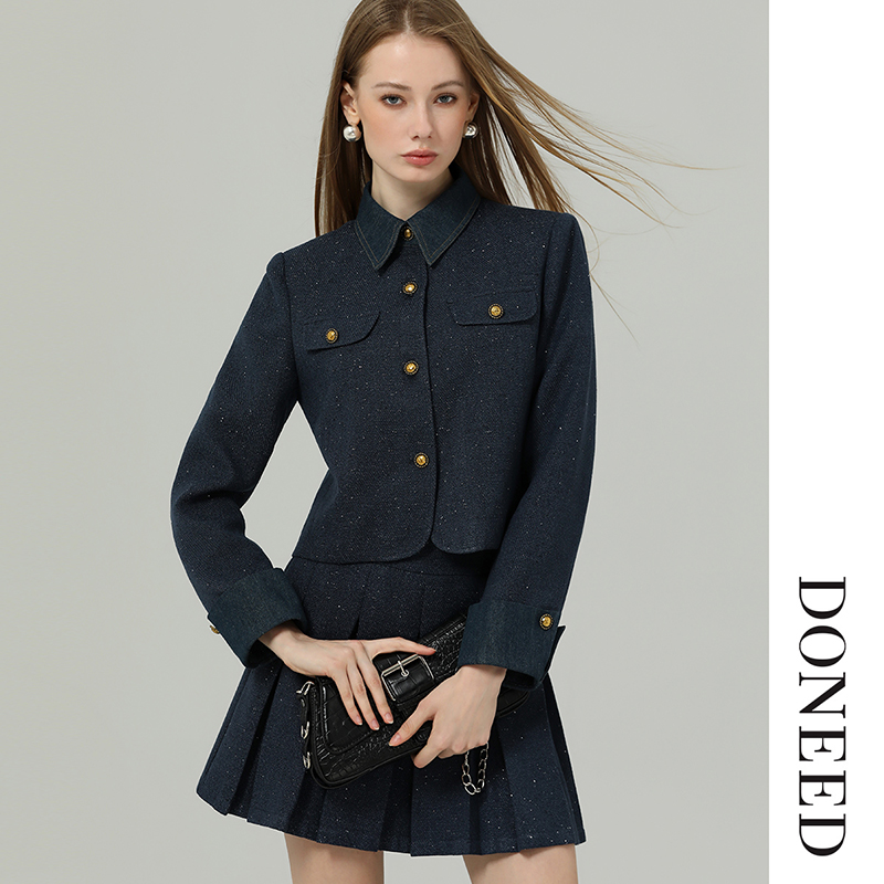 小香风时尚短款外套百褶半裙套装