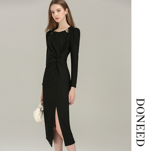 DONEED春款优雅红色礼服裙赫本风开叉修身针织中长款连衣裙女