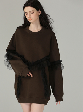 DONEED春款甜酷风圆领宽松卫衣裙落肩袖网纱拼接连衣裙女