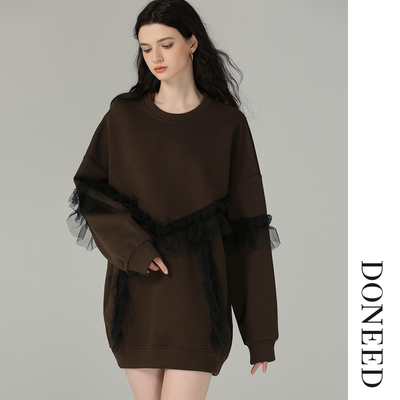 落肩袖网纱拼接加绒连衣裙女