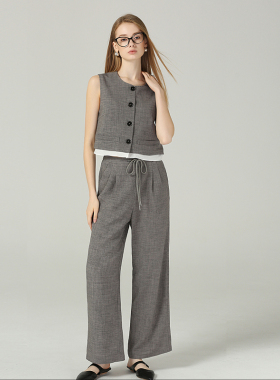 DONEED夏款文艺感圆领无袖上衣松紧腰系带阔腿长裤两件套套装女