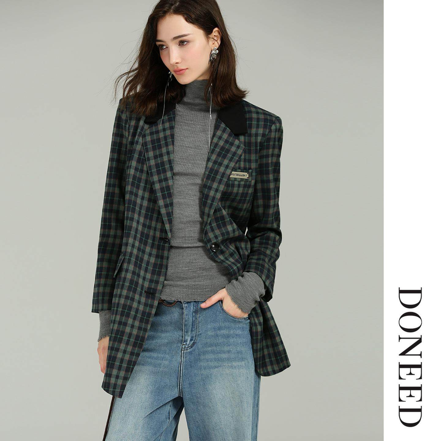 DONEED2026春款优雅商务复古格纹不对称设计感甜酷显瘦西装外套女