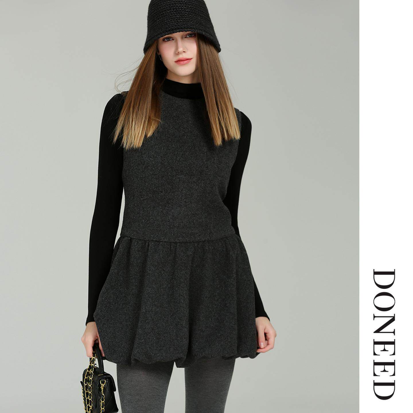 DONEED春季新款简约设计感减龄毛呢拼接圆领背心灯笼连衣裙女