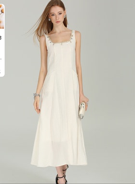 DONEED夏款设计感小众收腰气质花边装饰吊坠连衣裙女