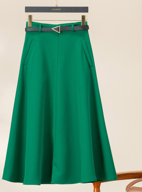 DONEED春秋极简港风复古气质配腰带显瘦垂坠A字裙百搭纯色半身裙