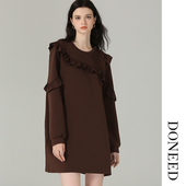 DONEED2025甜美减龄圆领荷叶边小个子卫衣裙空气层针织连衣裙女