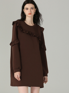 DONEED春款甜美减龄圆领荷叶边小个子卫衣裙空气层针织连衣裙女