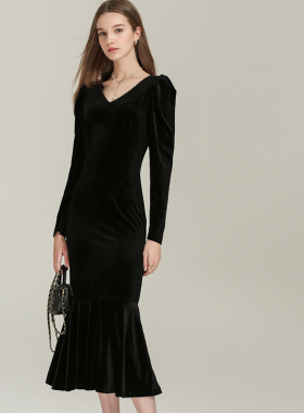 DONEED春款法式优雅复古丝绒收腰连衣裙气质显瘦长袖鱼尾裙女