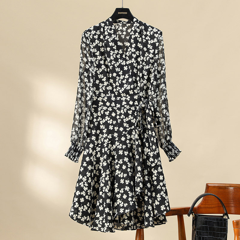 DONEED2025知性优雅女人味V领绑带荷叶边碎花裙长袖连衣裙春秋款