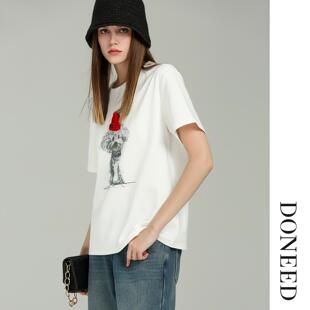 DONEED2026初春新款卡通印花短袖T恤加立体毛线帽装饰设计百搭
