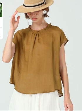 DONEED夏温婉简约圆领飞飞袖拼接荷叶边设计感纯色苎麻上衣女