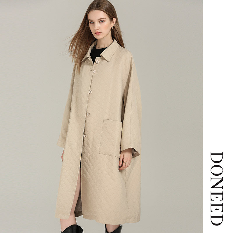 DONEED秋款简约休闲时尚格纹绗绣夹丝薄款棉衣中长款外套女