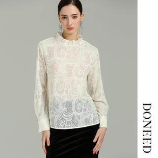 DONEED2026初春新款高级感复古腰果提花压褶半高领蕾丝小衫